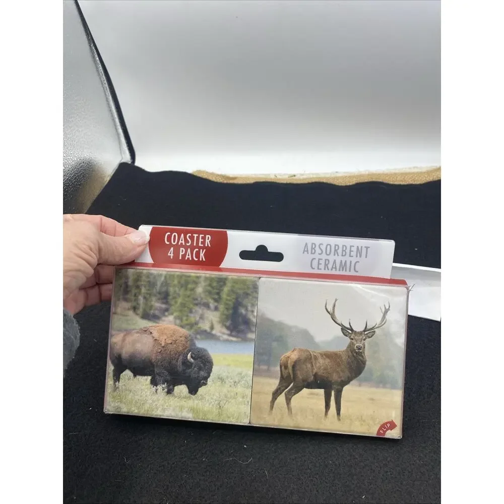 SET OF 4 WILDLIFE COASTERS MADE OF ABSORBENT CERAMIC TILES. 4” NIP